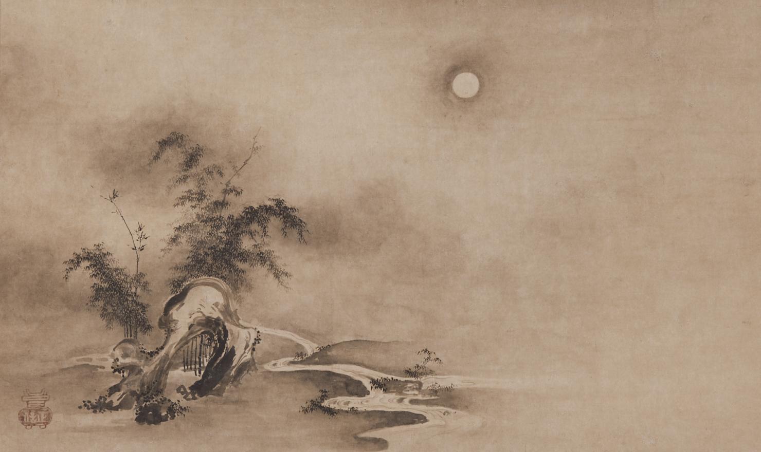 sepia-toned painting of the full moon over a winding river flowing by a small stand of bamboo trees