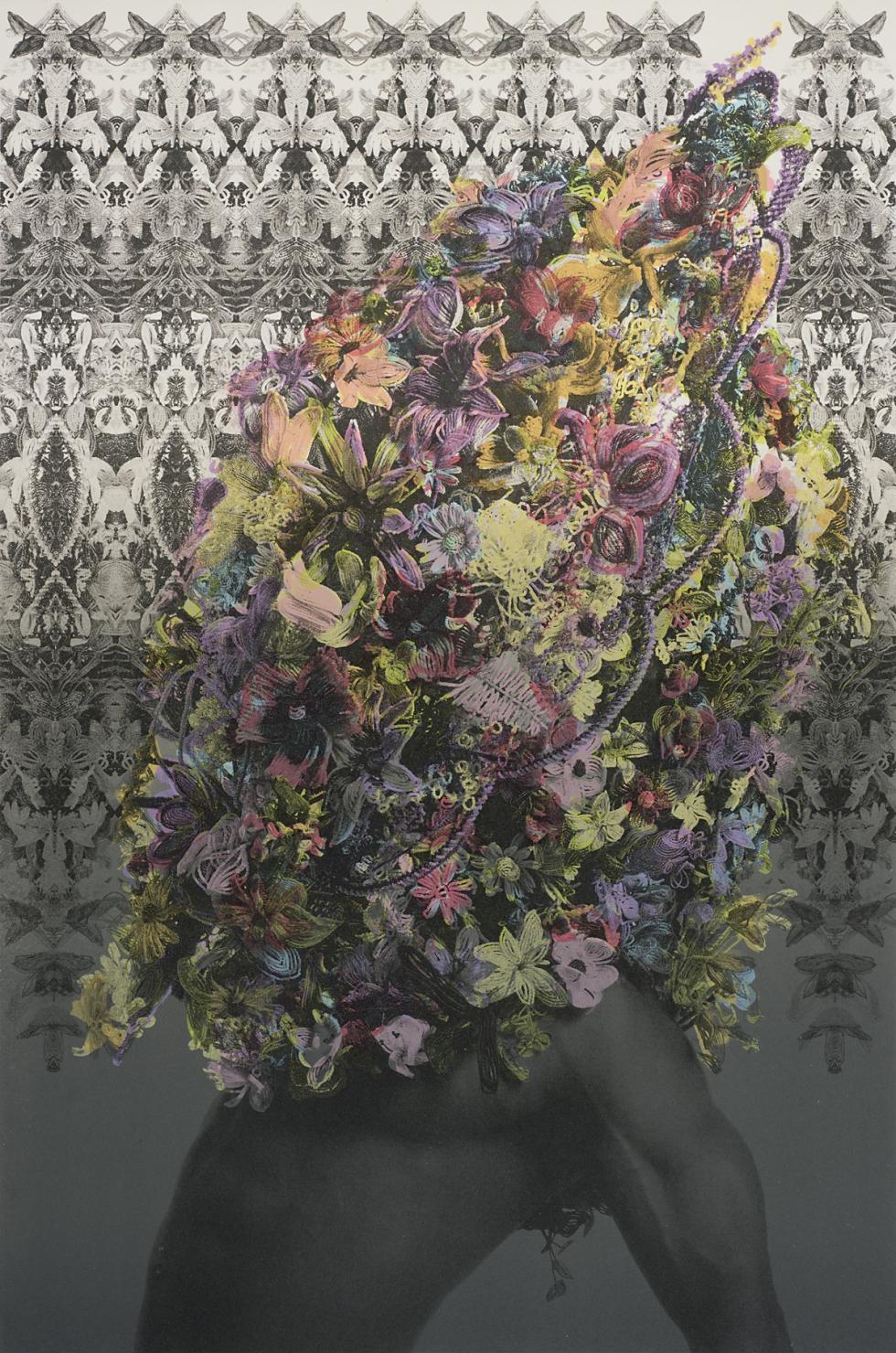 A huge arrangement of mainly pale pink, orange, and yellow flowers is piled atop a nude male torso that leans back in front of a densely patterned black-and-white wallpaper