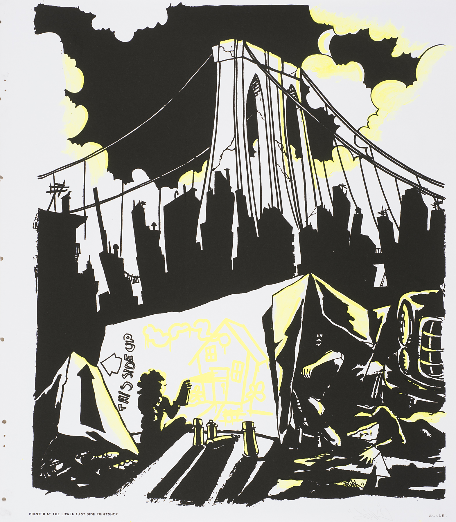 A cloud-filled night sky with the Brooklyn Bridge and skyscrapers fills the background. In the center of the foreground is a makeshift shelter with one person visible sitting inside and another spray painting an image on the outside. In bright yellow, the person draws an idealistic image of a house on the side of the shelter. 