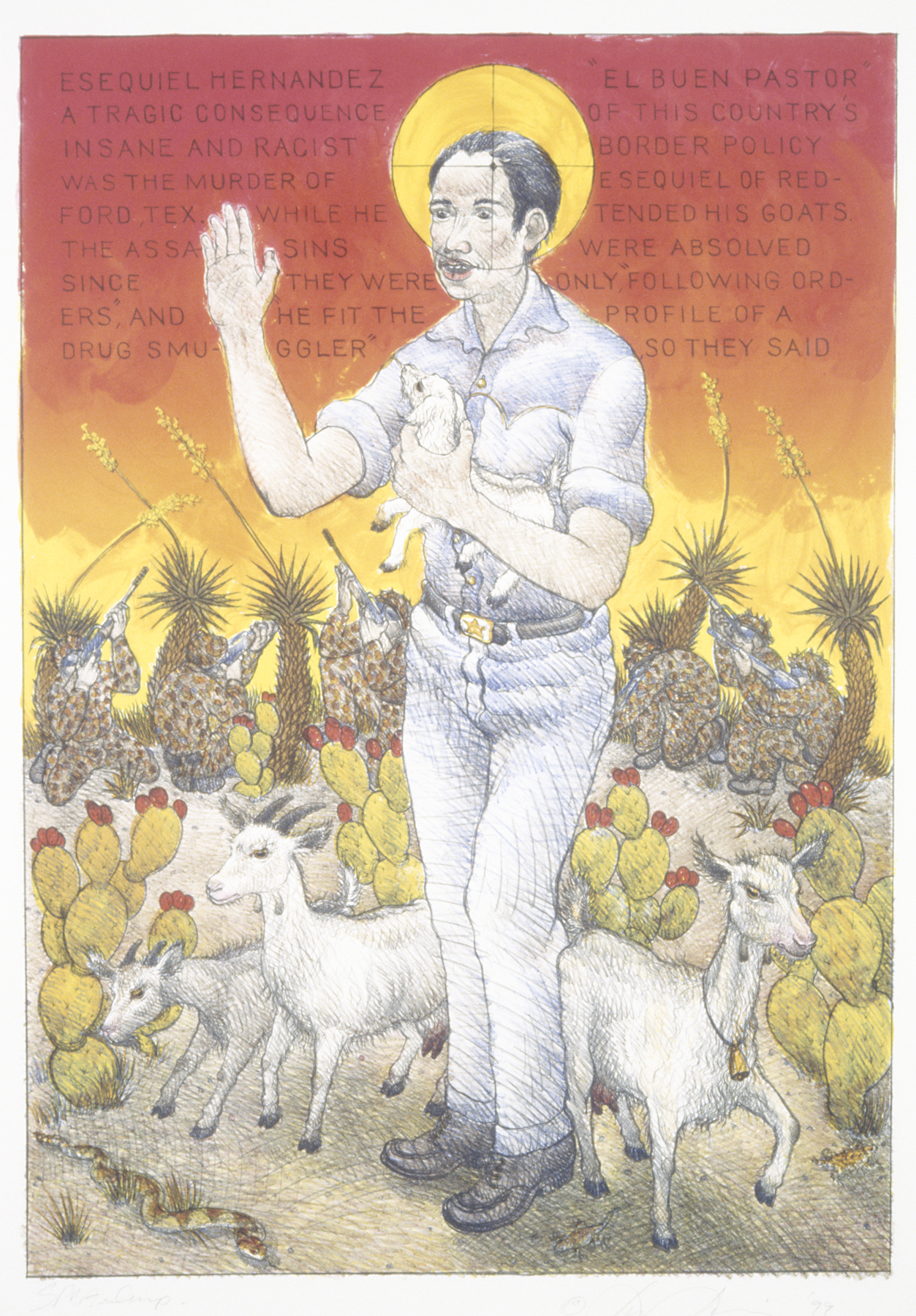 Standing male figure with arm held out in blessing (with crosshairs from a gun superimposed on his face), there are three goats at the man's feet and he is holding a baby goat. Inscription above him describing the incident that inspired Jimenez to make this image. Background is somewhat barren and rendered in bright oranges, reds, and yellows.