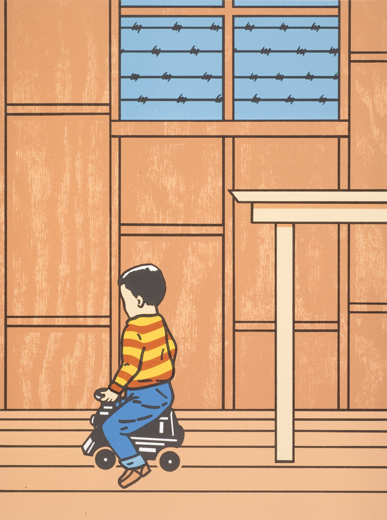 A child wearing an orange and yellow striped shirt and blue pants rides a wheeled toy and faces away from the viewer. The edge of a table is visible to the right of the child. At the top of the image is a window striped with barbed wire.