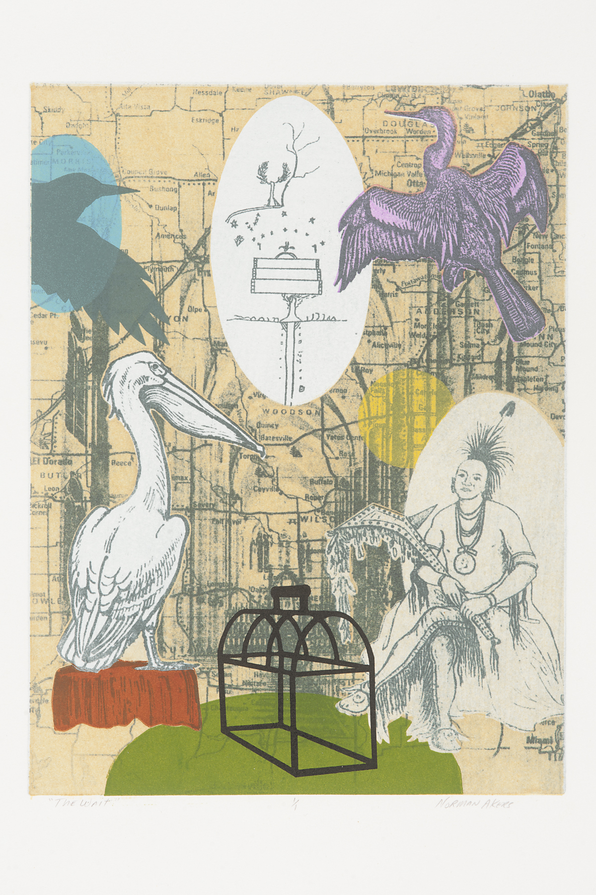 Pelican, Cormorant, and silhouettes of flying swallow-like birds at BL corner and top half of image. The LR quadrant of the work is occupied by a seated figure wearing fringed leggings and a roach-type headdress, holding a studded rifle or mace (This figure is derived from an 1834 watercolor of the Osage Chief Glahmo, also known as Clermont, by George Catlin, now in the collection of the Missouri History Museum). To the left of the figure is a linear, lunchbox form.