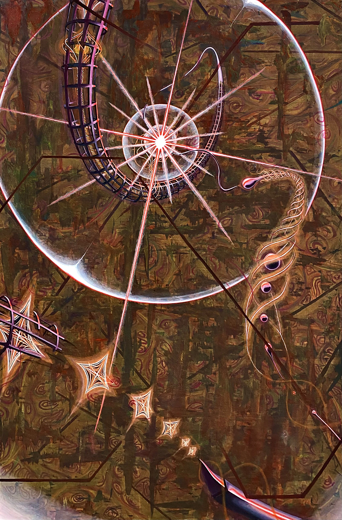 A bright starburst explodes outward from a series of circles of light. Connected to the starburst are organic forms that resemble machinery or strands of DNA. The background of the image is in muted colors and depicts different landscape scenes.