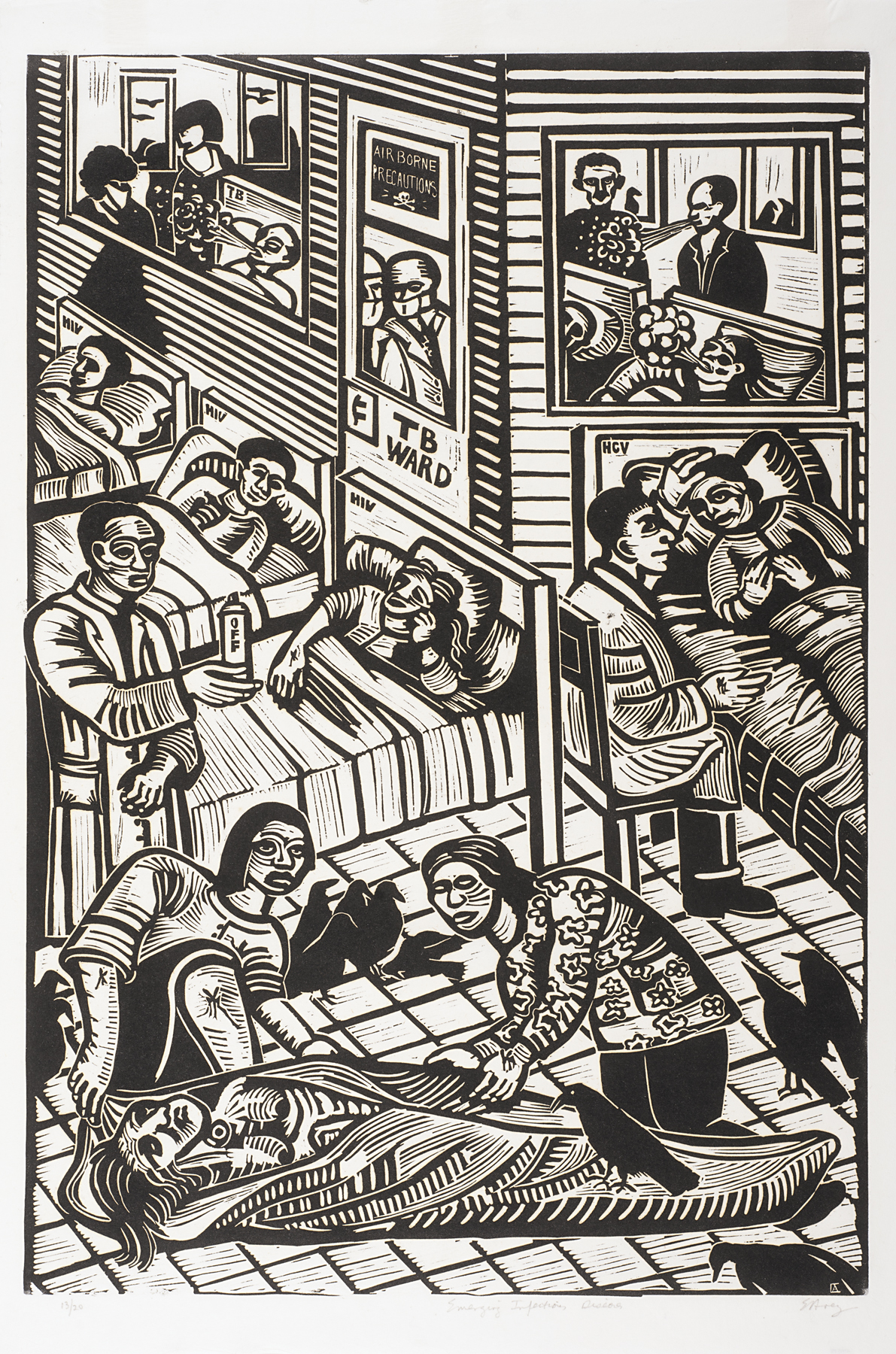 A crowded room hospital room identified by a sign as the “TB WARD” is depicted in black-and-white with dramatic lines. Doctors attend to the patients laying in beds. In the foreground, a deceased woman is being wrapped in a sheet. Several black birds surround her and the figures wrapping the body.