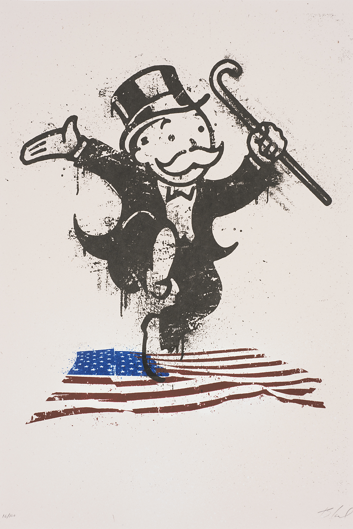 Cartoon-style male figure (identified as from the game Monopoly) dancing on a full-color United States flag. The figure is black and the background is beige.