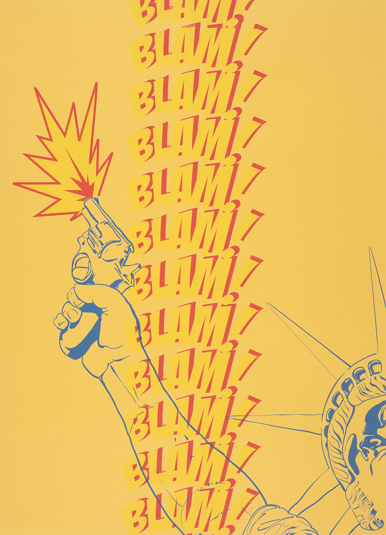 The Statue of Liberty is viewed from below, with only her upraised arm and half of her face visible. Instead of a torch, Lady Liberty is instead holding a handgun and is firing it into the air. A descending column of the word “Blam!” is written in block letters and divides the page in half vertically.