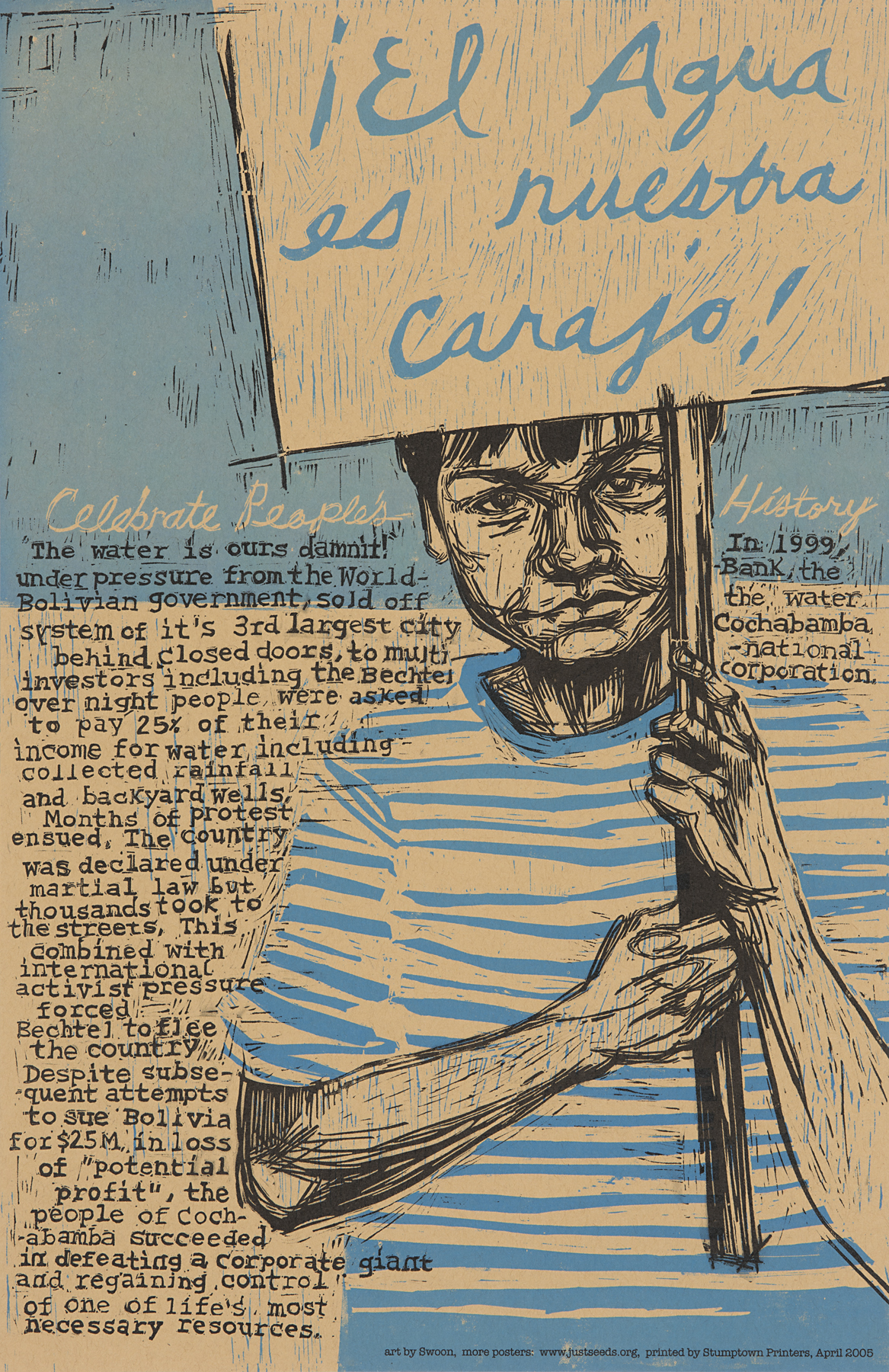 Illustration of figure in a striped shirt holding a sign, executed in black and blue. Descriptive text integrated into bottom half of image. Text describes the water crisis in the Bolivian city of Cochabamba in 1999.