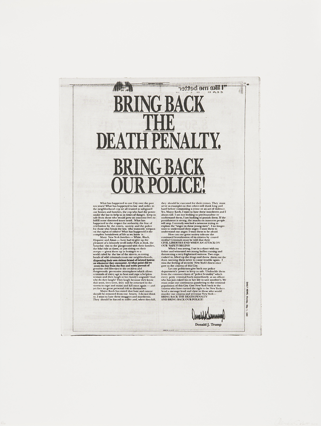 A printed page from a newspaper with a headline reading “BRING BACK THE DEATH PENALTY. BRING BACK OUR POLICE!” The following article is separated into two columns and is a letter signed by Donald J. Trump. 
