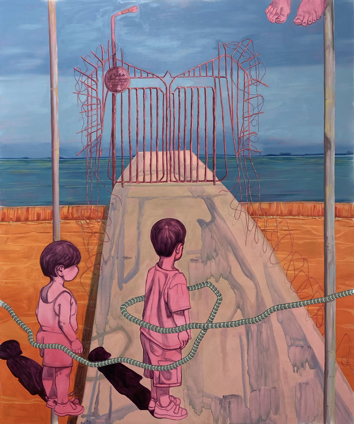 Two children colored pink stand looking through closed metal gates that block the entrance to a bridge crossing a body of water; a cord or chain wraps around them 