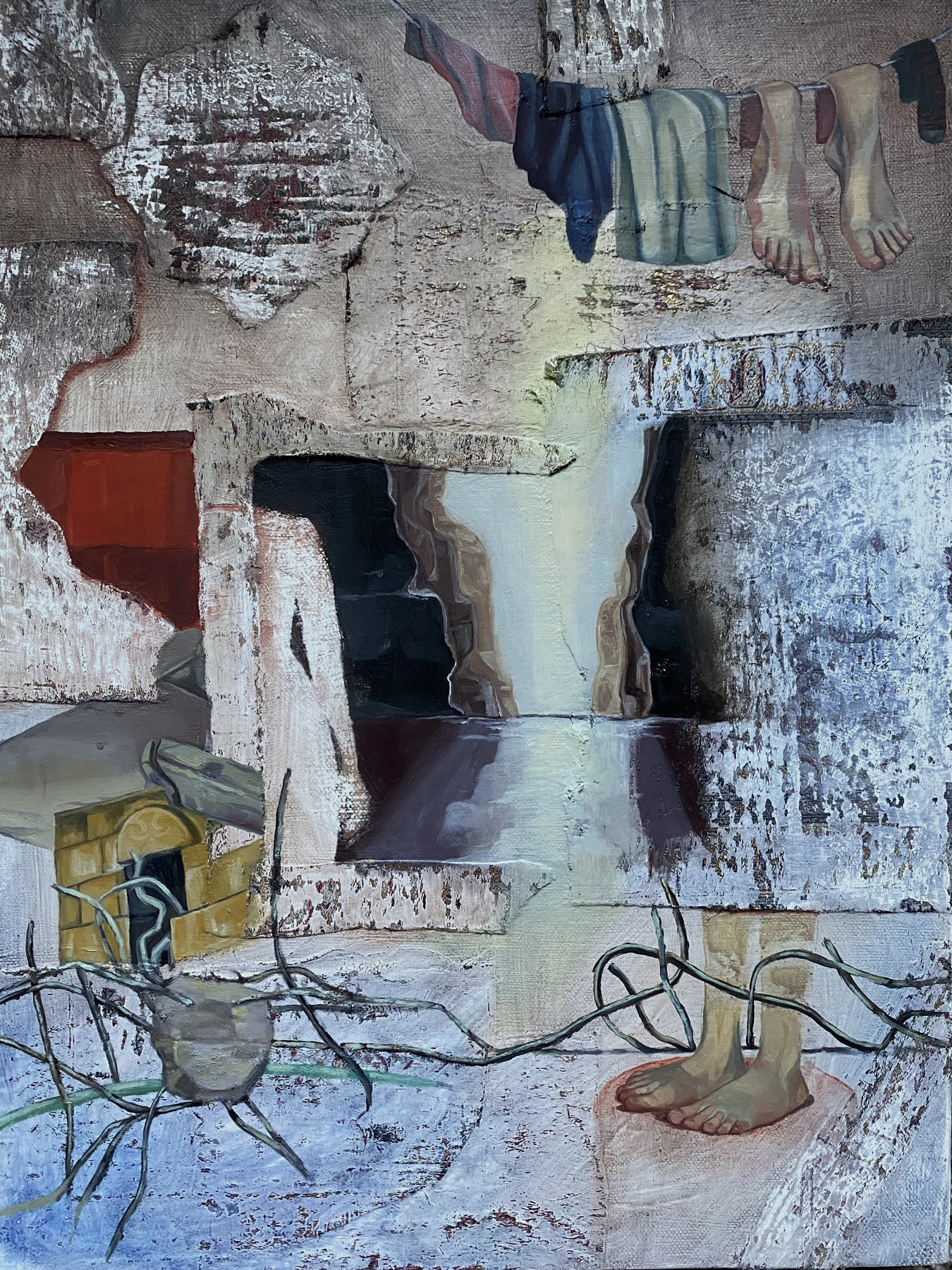 A mixed-media collage depicts concrete ruins; garments and two bare feet resembling socks hang on a clothesline in the upper right and two bare feet stand wrapped in wires in the lower right