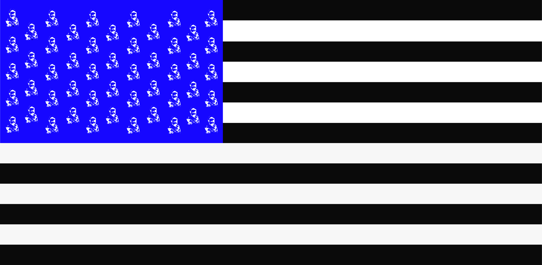 Design resembling the American flag with black and white stripes and small white images of a young boy repeated on a blue rectangle in the top left corner
