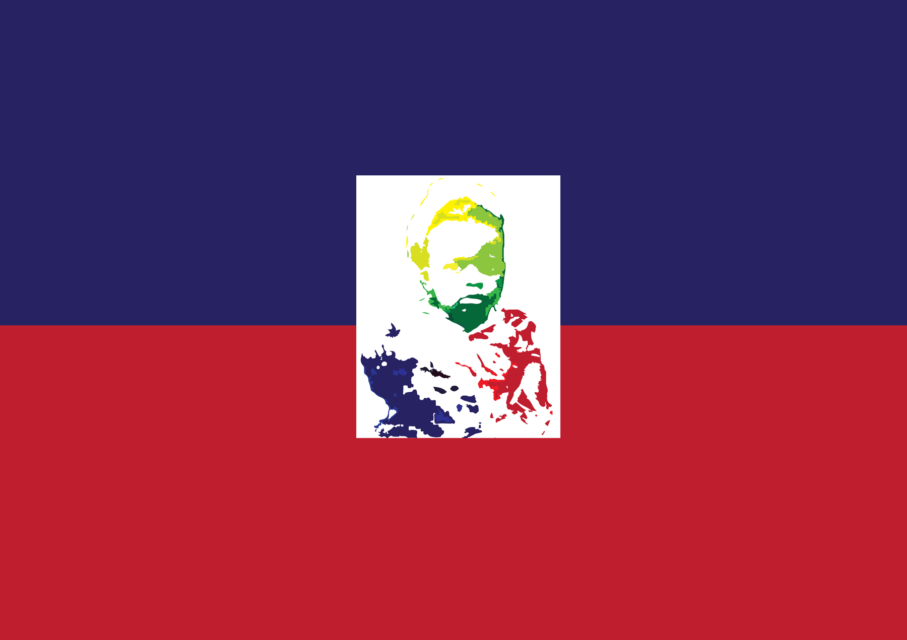 Rectangular, flag-like design that is navy blue on top and red on bottom with a multicolored image of a young boy in the center