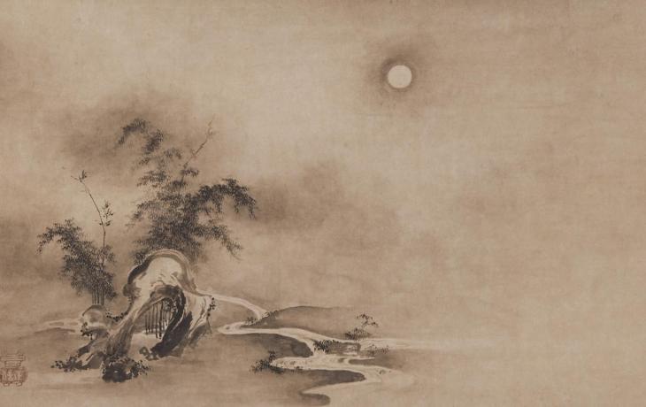 sepia-toned painting of the full moon over a winding river flowing by a small stand of bamboo trees