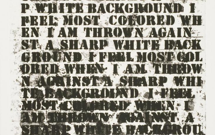 Black words printed on white paper that begin "I FEEL MOST COLORED WHEN I AM THROWN AGAINST A SHARP WHITE BACKGROUND..."