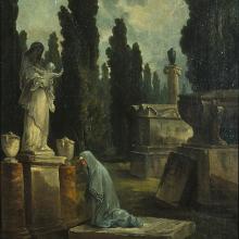 <a href="https://spencerartapps.ku.edu/collection-search#/object/9851" target="_blank"><i>Jardin des Monuments (A Mother Weeping in a Cemetery)</i> by Hubert Robert</a>