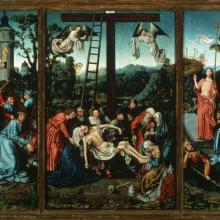 <a href="https://spencerartapps.ku.edu/collection-search#/object/15363" target="_blank"><i>Descent from the Cross with Scenes from the Passion,</i> by Master of Frankfurt Workshop</a>
