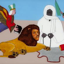 <a href="https://spencerartapps.ku.edu/collection-search#/object/42243" target="_blank"><i>Amadou Bamba calming the lion in the desert</i> by Mor Gueye</a>