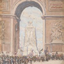 <a href="https://spencerartapps.ku.edu/collection-search#/object/47171" target="_blank"><i>Arc de Triomphe. Les Fêtes de la Victoire, Paris, 1919. (Triumphal Arch. Victory Celebrations, Paris, 1919)</i> by Fernand A. Laval</a>