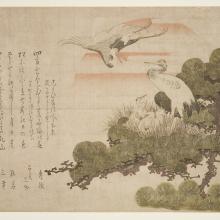 <a href="https://spencerartapps.ku.edu/collection-search#/object/7525" target="_blank"><i>cranes in pine tree</i> by Katsushika Hokusai</a>