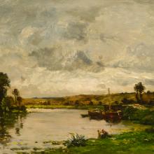 <a href='https://spencerartapps.ku.edu/collection-search#/object/21347' target='_blank'><i>Washerwoman at the Bank of the Oise Near Valmondis</i> by Charles François Daubigny</a>