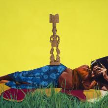 A pregnant Black woman reclines on a blanket in the grass; she covers her face with a book titled “Parable of the Sower” and a statue of a god-like figure balances on her hip