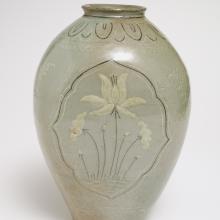 <a href='https://spencerartapps.ku.edu/collection-search#/object/3433'><i>vase with lotus flowers</i> from Korea</a>