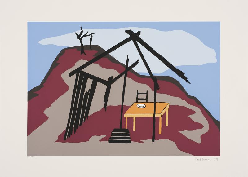 A yellow table rests inside the burned frame of a house on a red-brown hill; a silhouette of a tree and hanged figure is visible at the top of the hill in the distance