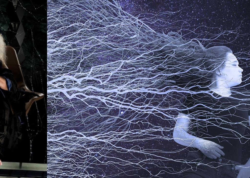 Three images, on the left a white haired woman holding a staff, in the center a woman with long hair, on the right two figures underwater