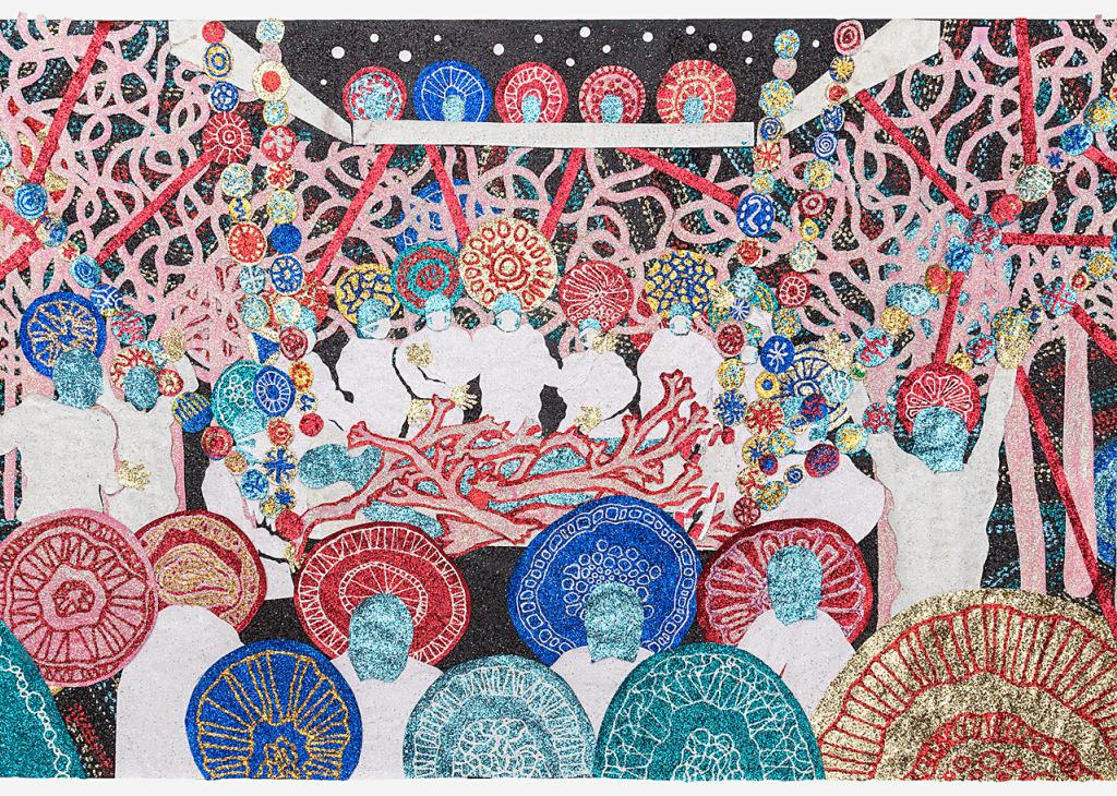 Abstract painting of colorful figures in a wooded area surrounding another figure lying under a pile of branches 
