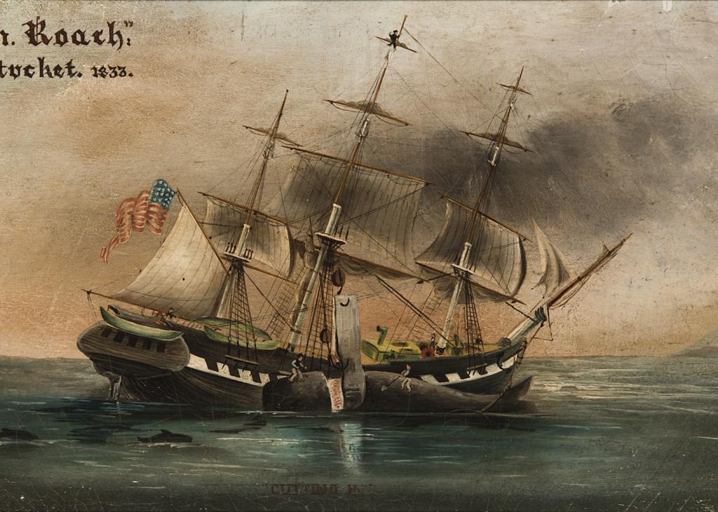 A large ship with three masts flying an American flag sinks as smoke billows out and sea life gathers nearby