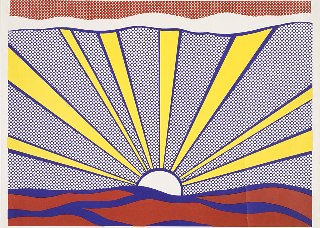 A cartoon depiction of a sun with bright yellow rays outlined in blue rising behind red and blue hills