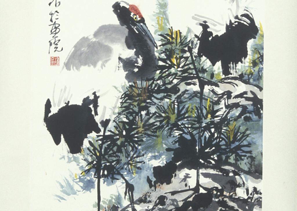 Ink painting of two cranes standing on pine branches, Chinese characters line the left of the painting 