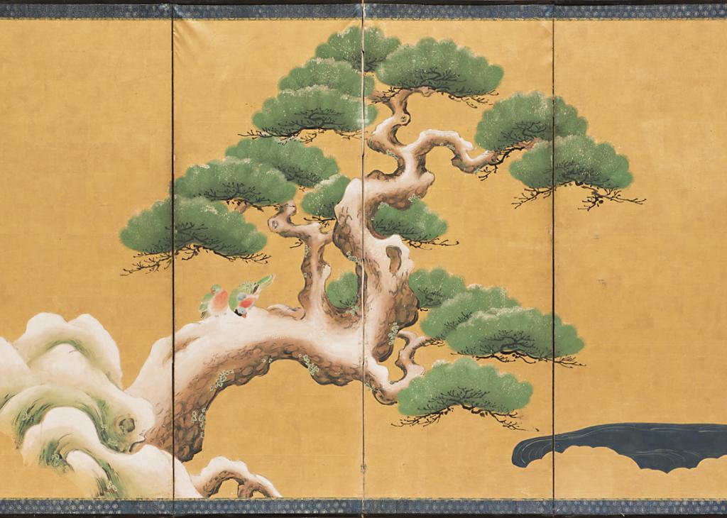 A twisted pine tree dominates the center of a six-panel folding screen with a gold background; two colorful birds perch on the trunk