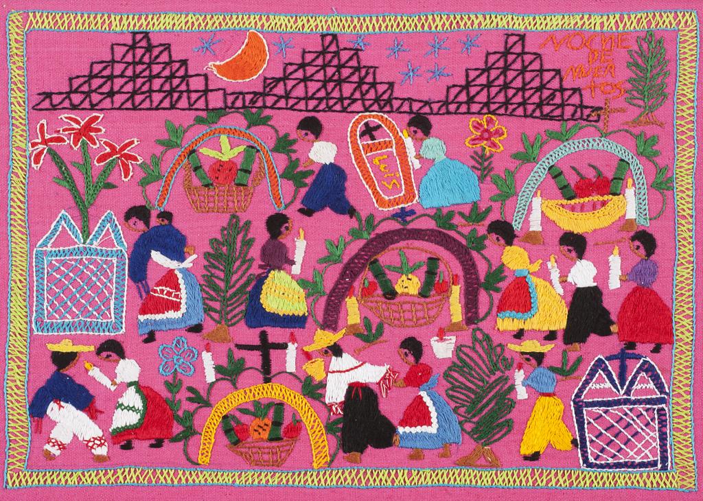Images of Brown women and men holding candles and placing food at gravesites embroidered onto a bright red cloth 