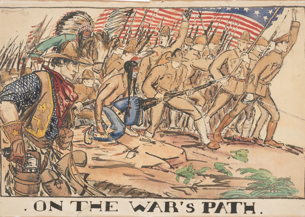 A line of soldiers carrying flags charges forward with a Native American and cowboy in the foreground