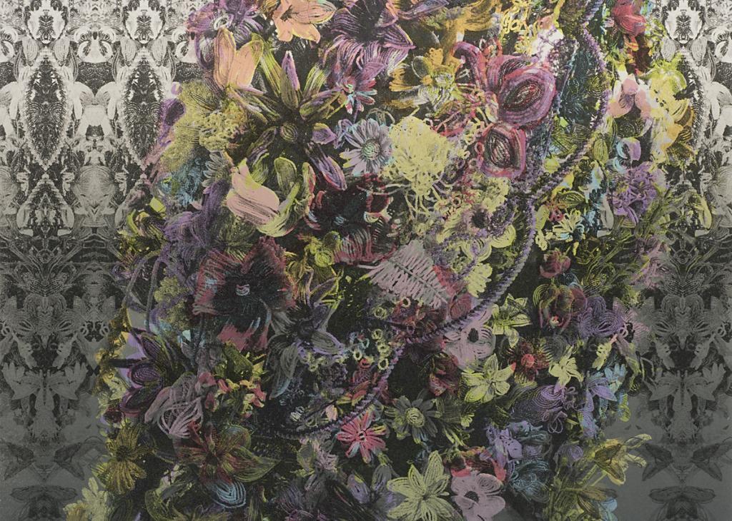 A huge arrangement of colorful flowers obstructs the face of a nude male torso leaning back in front of ornate black-and-white wallpaper