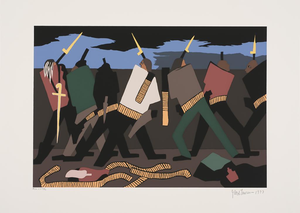 Rear view of seven armed men, both Black and white, looking over a wall while holding pikes and wearing belts filled with ammunition 