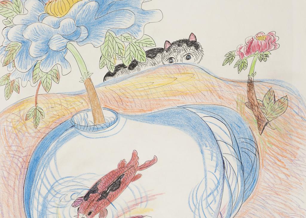 Drawing of a black-and-white cat peering at an orange-and-black fish swimming in a bowl surrounded by flowers