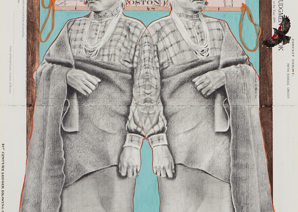 A drawing on ledger paper of two men dressed in traditional Native clothing with cranes in the background