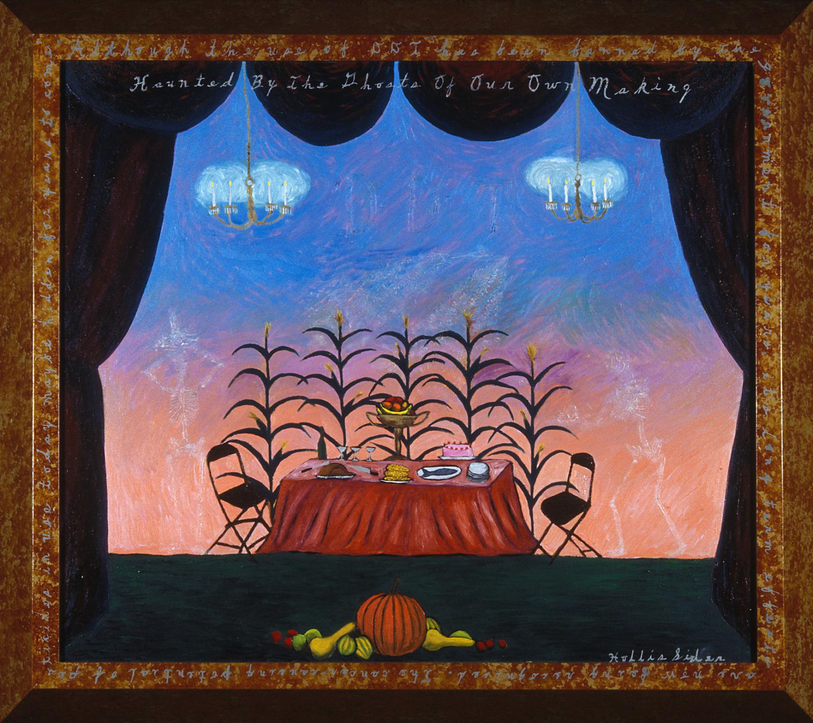 A table set for a feast sits on a stage with faint skeletal figures standing at either end; in the background cornstalks bloom and the barely visible letters “DDT” float in the air 