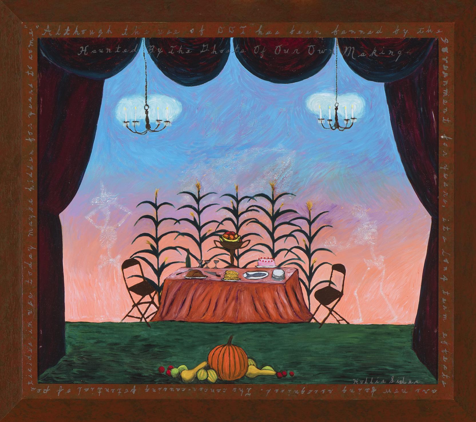 A table set for a feast sits on a stage with faint skeletal figures standing at either end; in the background cornstalks bloom and the barely visible letters “DDT” float in the air