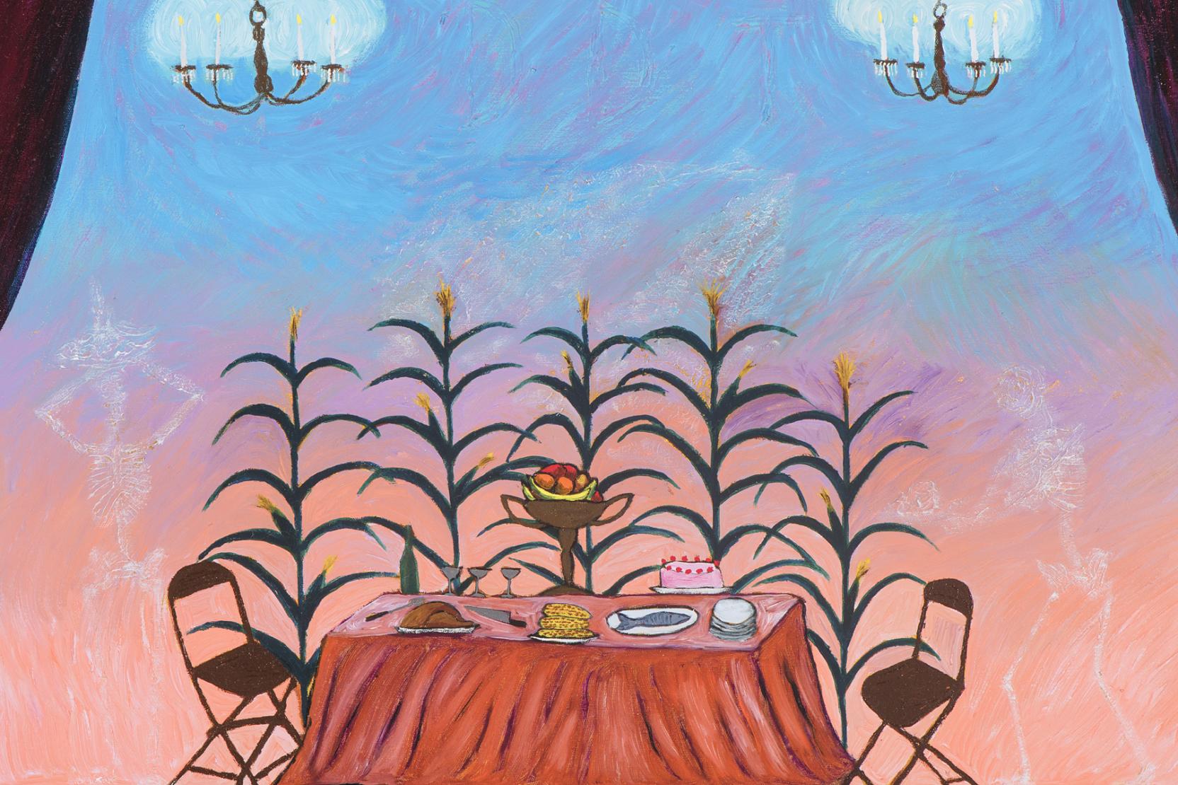 A table with a folding chair at each end is set with food against a gradient background with faint skeletal figures and cornstalks