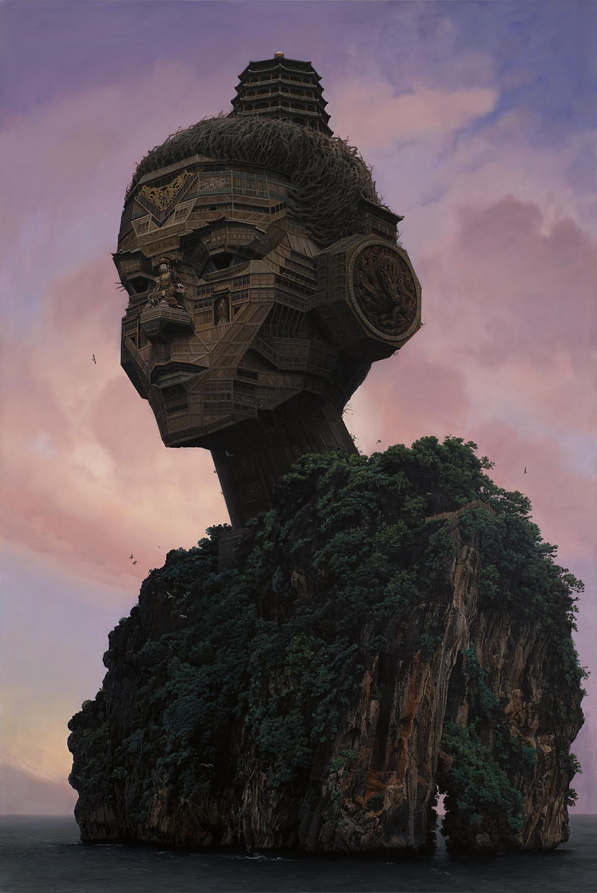 An intricate wooden temple shaped like a woman’s head is perched atop a rocky island covered with green plants
