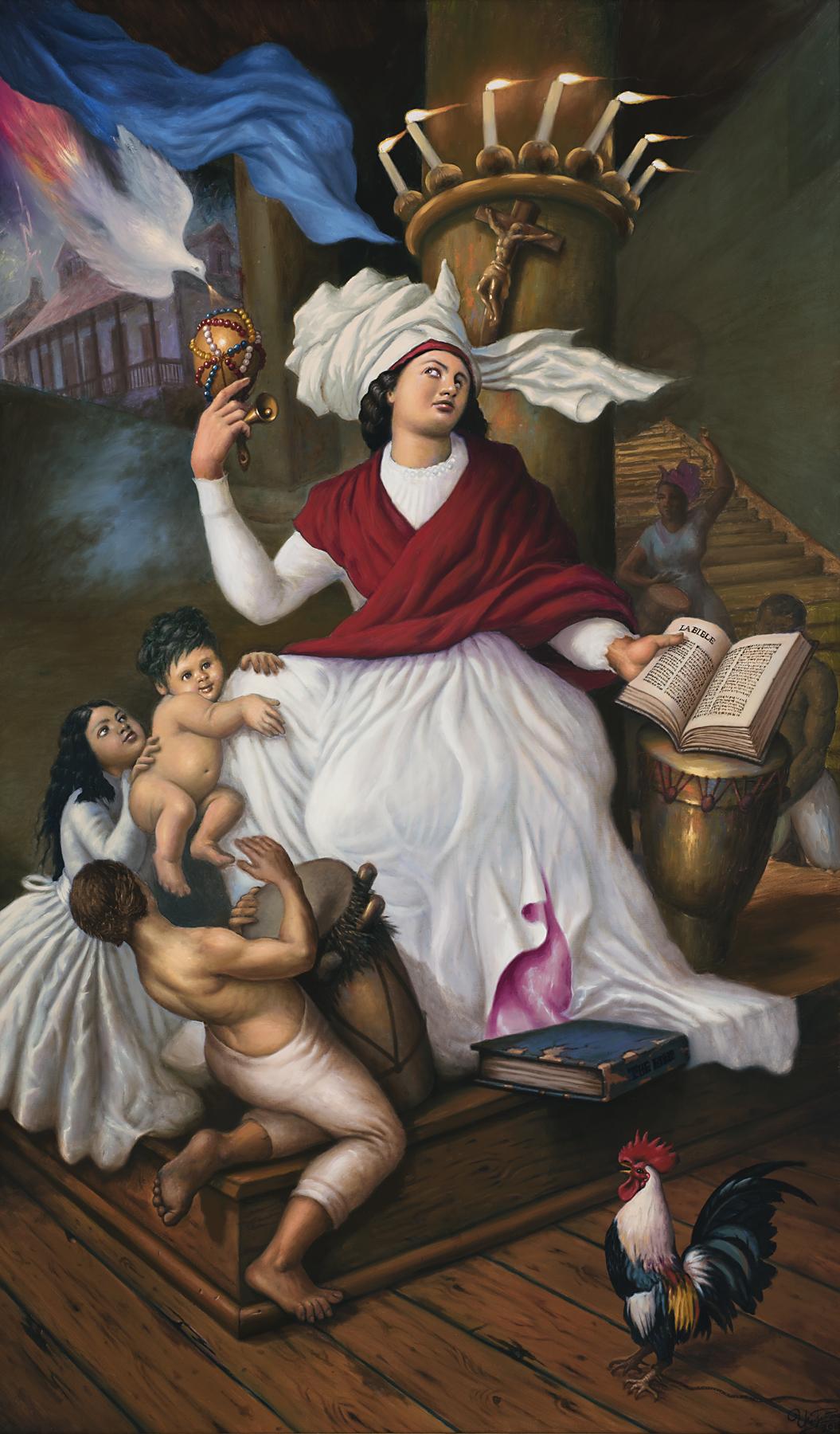A woman wearing a white dress and red wrap gazes toward a flaming dove that touches its beak to a beaded gourd she is holding while three children and a rooster sit at her feet