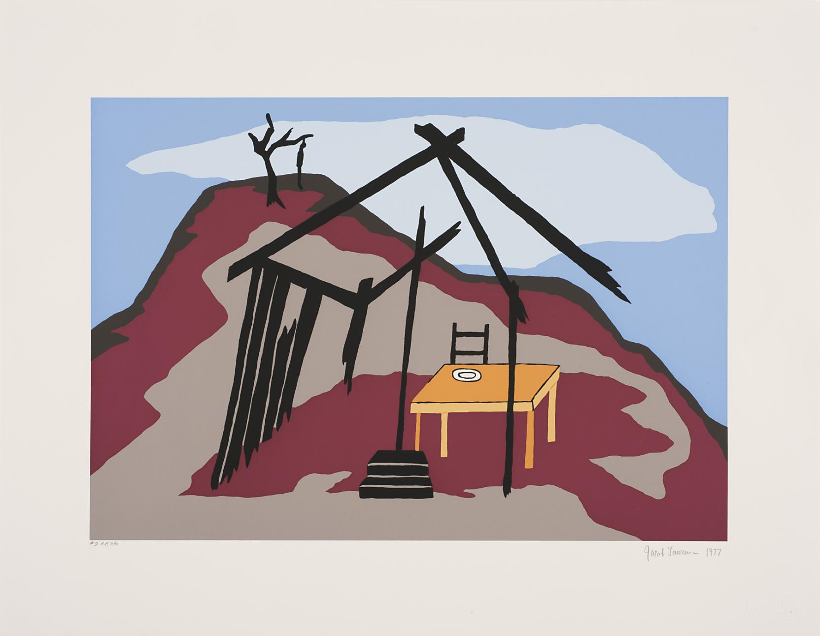 A yellow table rests inside the burned frame of a house on a red-brown hill; a silhouette of a tree and hanged figure is visible at the top of the hill in the distance