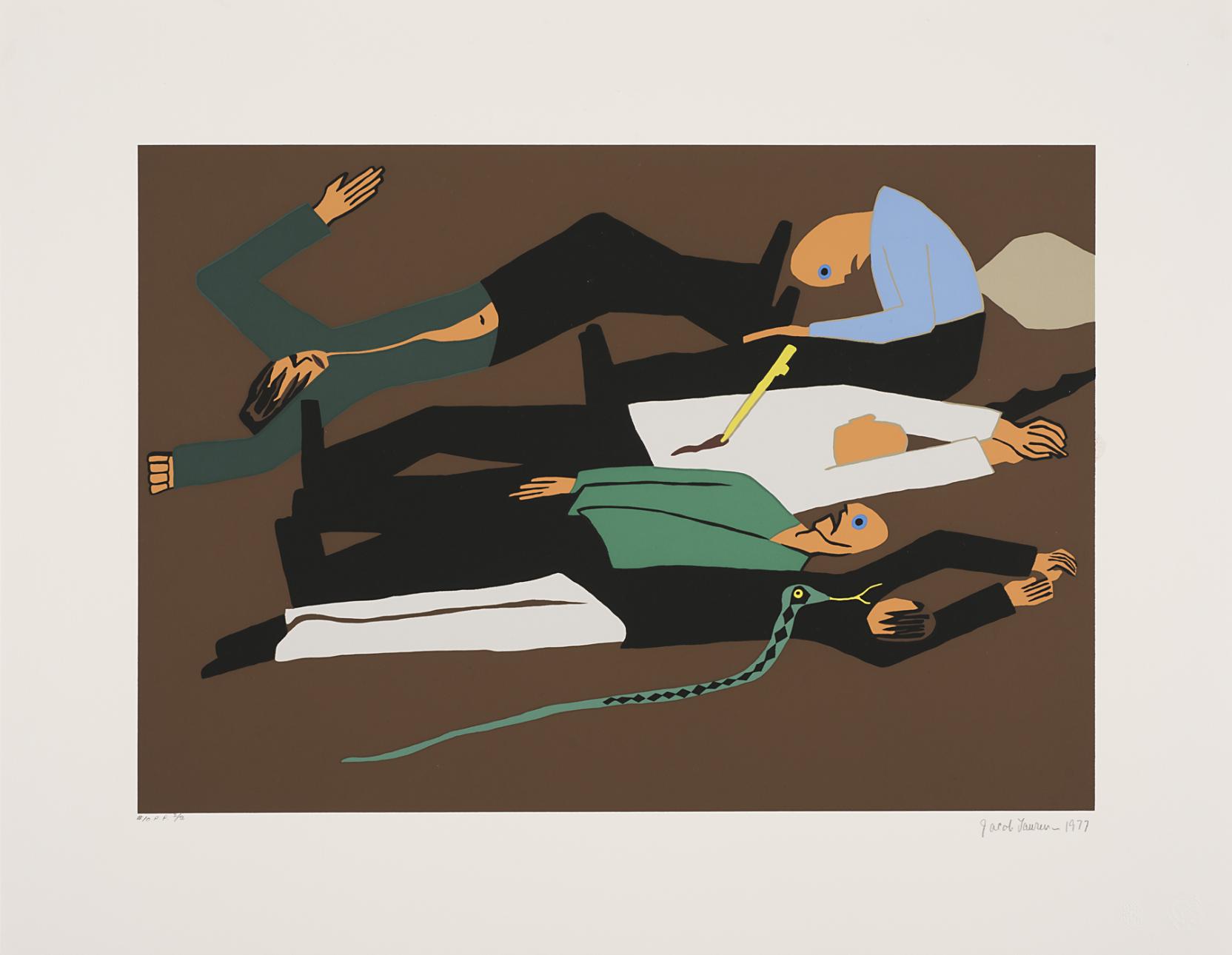 Five prone white men appear to be deceased and one has been stabbed; a green snake slithers in the foreground