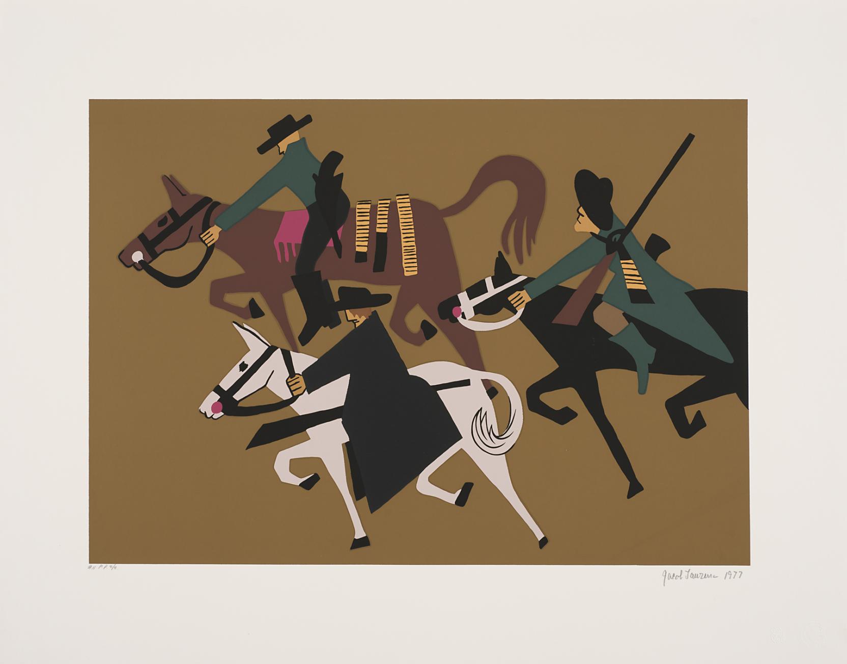 Three white men wearing hats ride on horses (one white, one black, one brown) from right to left while carrying guns and ammunition
