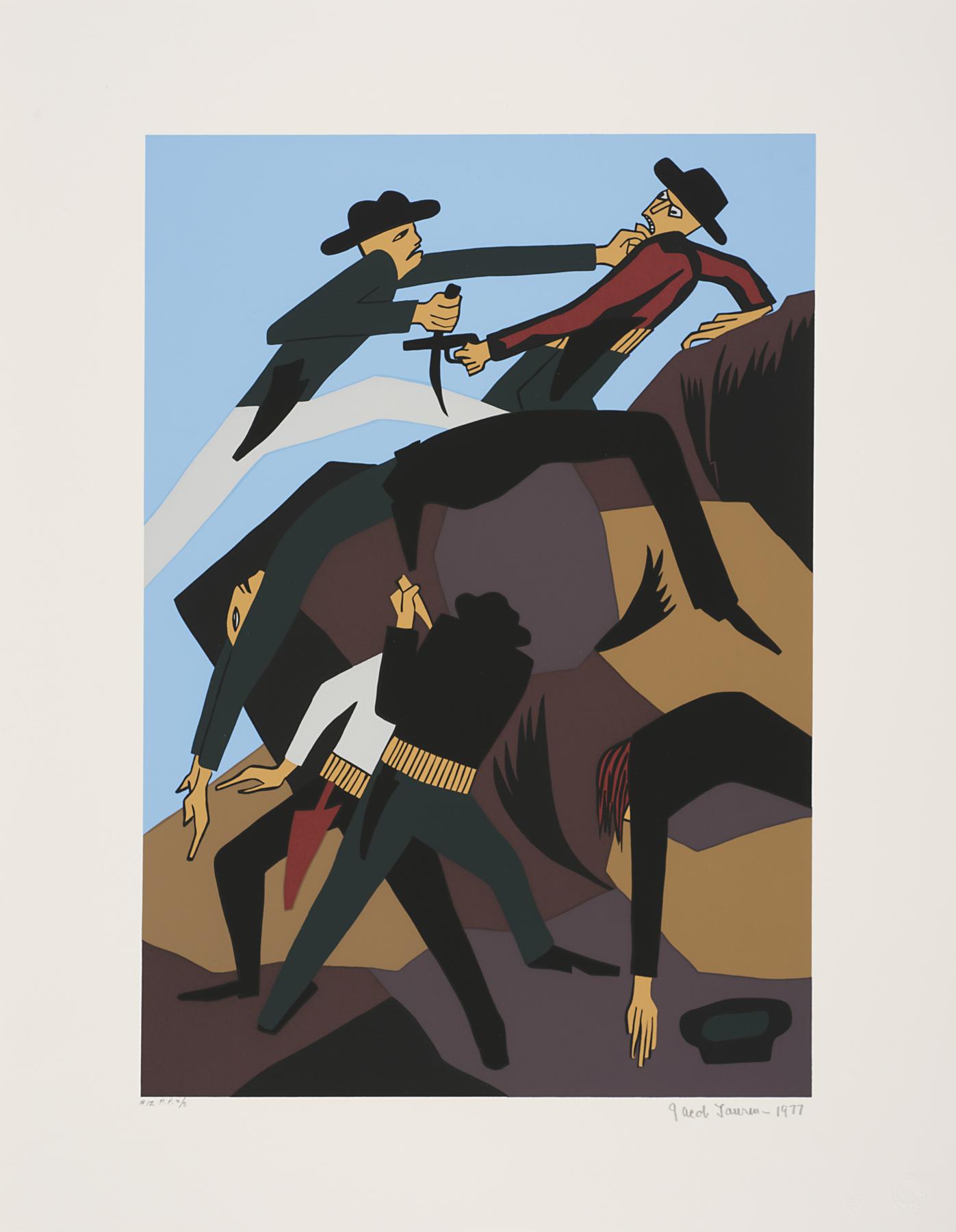 Six elongated men fight each other amidst an abstracted, swirling mass of horses and terrain