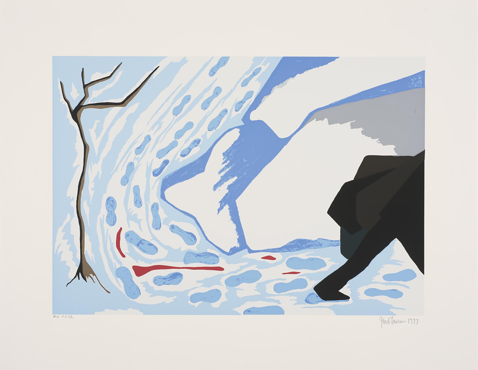 Footprints and some blood trail through a snowy scene past a bare tree, leading to a black figure that exits the right side of the image