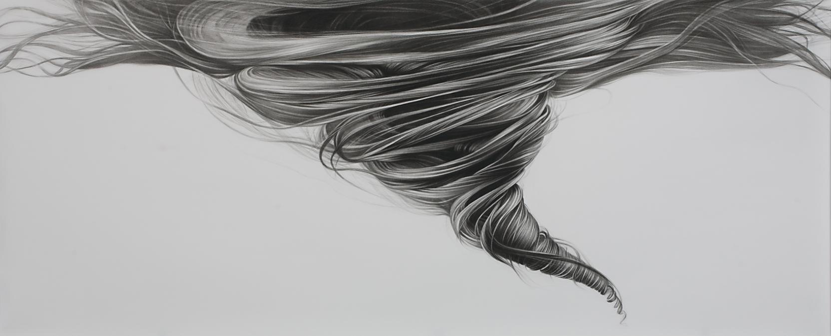 A black and white drawing of a tornado in varying shades of black